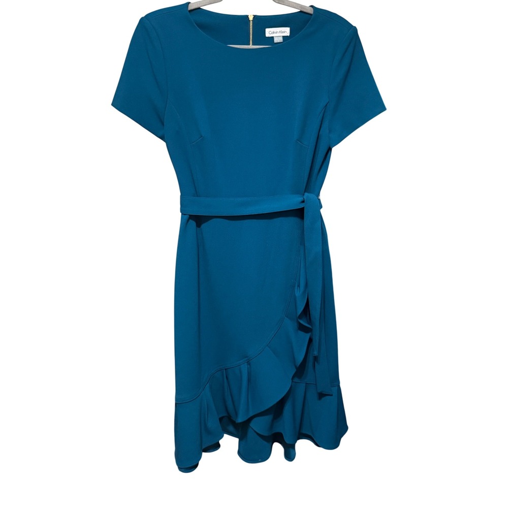 Calvin Klein Sheath Dress Ruffle Faux Wrap 10 Teal Blue Excellent Short Sleeve